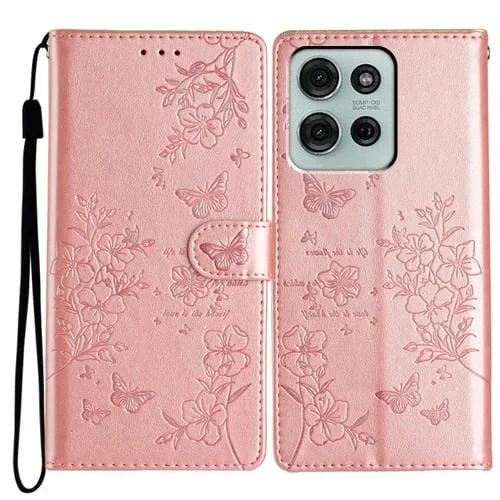 Funda de Cuero para Motorola Moto G75 5G con Mariposas y Flores (Oro Rosa)