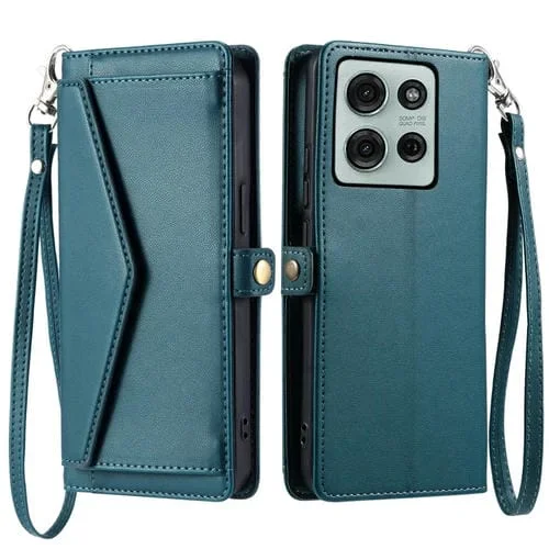 Funda de Cuero para Motorola Moto G75 5G con Ranura para Tarjetas y Cordón (Verde)