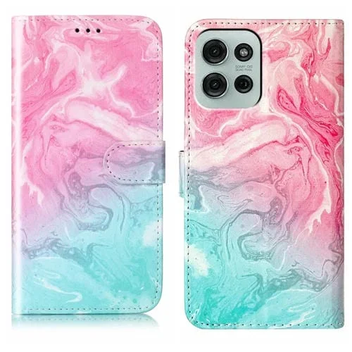 Funda de Cuero para Motorola Moto G75 con Patrón de Mármol y Dibujo de Colores (Mármol Rosa y Verde)