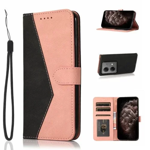 Funda de Cuero para Motorola Moto G84 5G con Costuras de Dos Colores (Oro Rosa Negro)