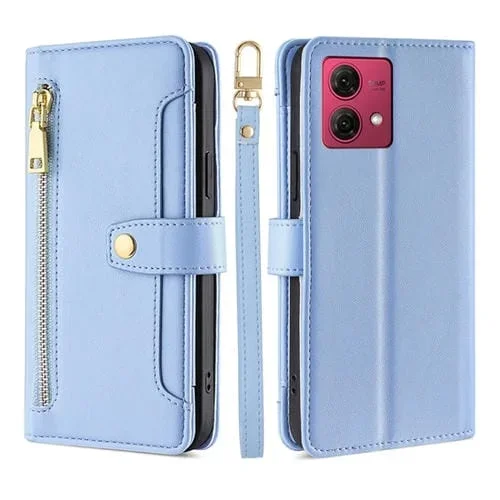 Funda de Cuero para Motorola Moto G84 5G Lite con Billetera y Cremallera (Azul)