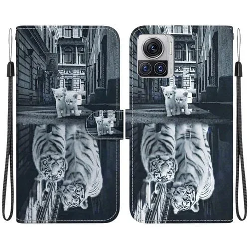 Funda de Cuero para Motorola Moto X30 Pro 5G con Dibujo Coloreado y Textura de Cristal (Reflejo de Tigre Gato)