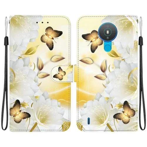 Funda de Cuero para Nokia 1.4 con Dibujo Coloreado y Textura de Cristal (Epiphyllum de Mariposa Dorada)