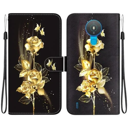 Funda de Cuero para Nokia 1.4 con Dibujo Coloreado y Textura de Cristal (Mariposa Dorada Rosa)