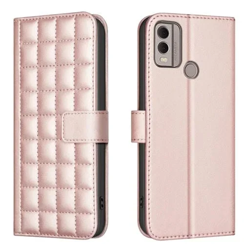 Funda de Cuero para Nokia C22 con Textura Cuadrada (Oro Rosa)
