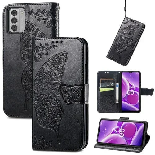 Funda de Cuero para Nokia G42 Butterfly Love Flower con Relieve (Negro)