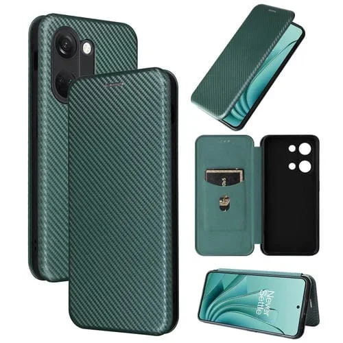 Funda de Cuero para OnePlus Ace 2V con Tapa y Textura de Fibra de Carbono (Verde)