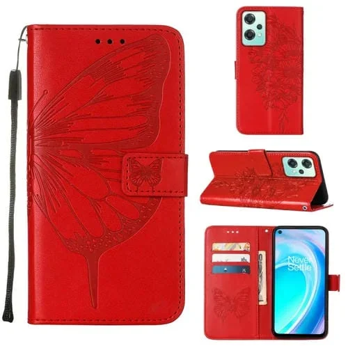 Funda de Cuero para OnePlus Nord Ce 2 Lite 5G con Mariposa en Relieve (Rojo)