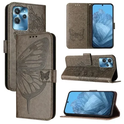 Funda de Cuero para Oukitel C32 con Mariposa en Relieve (Gris)