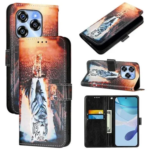 Funda de Cuero para Oukitel C50 con Diseño de Gatos y Tigres (Color Liso)