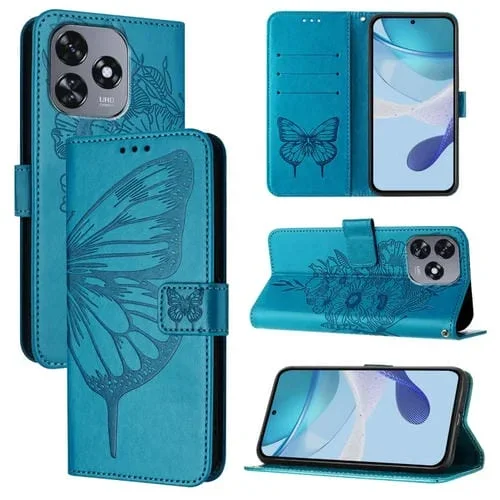 Funda de Cuero para Oukitel C51 con Mariposa en Relieve (Azul)