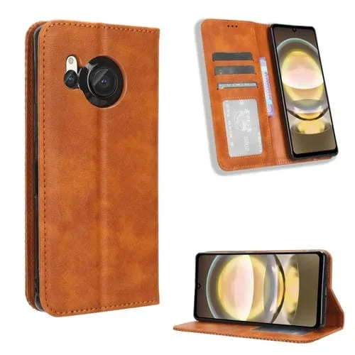 Funda de Cuero para Sharp Aquos R8 con Hebilla Magnética y Textura Retro (Marrón)