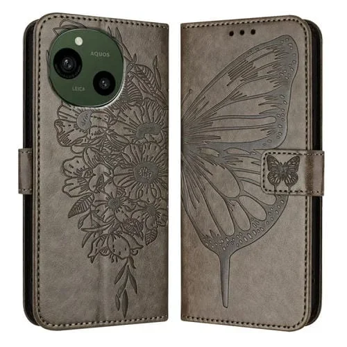 Funda de Cuero para Sharp Aquos R9 Sh-51E con Mariposa en Relieve (Gris)
