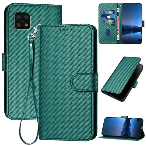 Funda de Cuero para Sharp Aquos Sense6 Yx0070 con Hebilla de Fibra de Carbono y Cordón (Verde Oscuro)