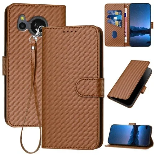 Funda de Cuero para Sharp Aquos Sense7 Yx0070 con Hebilla de Fibra de Carbono y Cordón (Café)
