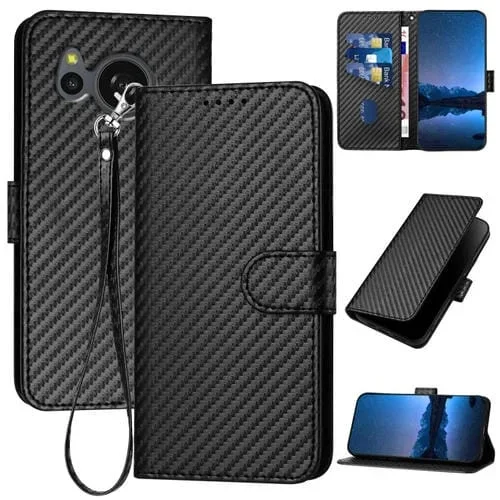 Funda de Cuero para Sharp Aquos Sense7 Yx0070 con Hebilla de Fibra de Carbono y Cordón (Negro)