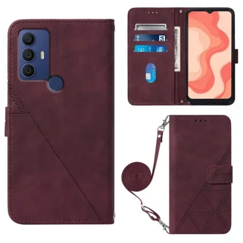Funda de Cuero para Sharp Aquos V6 Plus y V6 Crossbody 3D con Tapa en Relieve (Rojo Vino)
