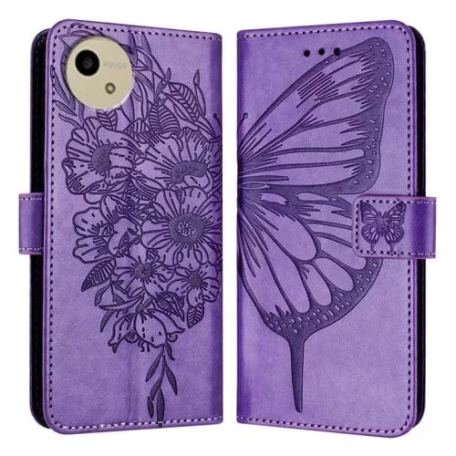 Funda de Cuero para Sharp Aquos Wish4 Sh-52E con Mariposa en Relieve (Púrpura Claro)