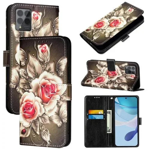 Funda de Cuero para T-Mobile Revvl 6 Pro 6X Pro 5G con Patrón de Dibujo (Rosas Sobre Negro)