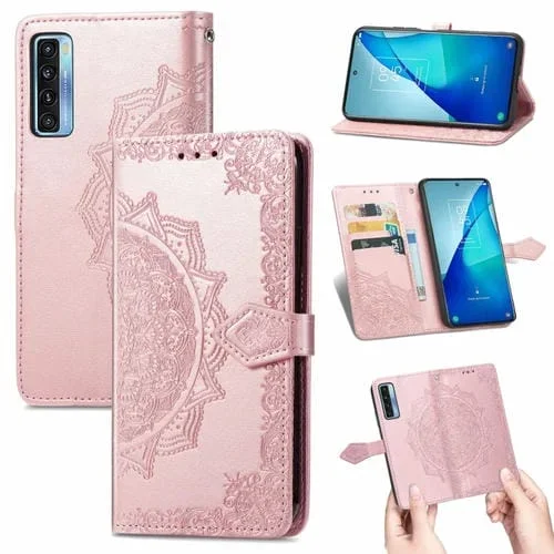 Funda de Cuero para TCL 20S Mandala Flower Horizontal Flip con Soporte, Ranura para Tarjeta, Billetera y Cordón (Oro Rosa)