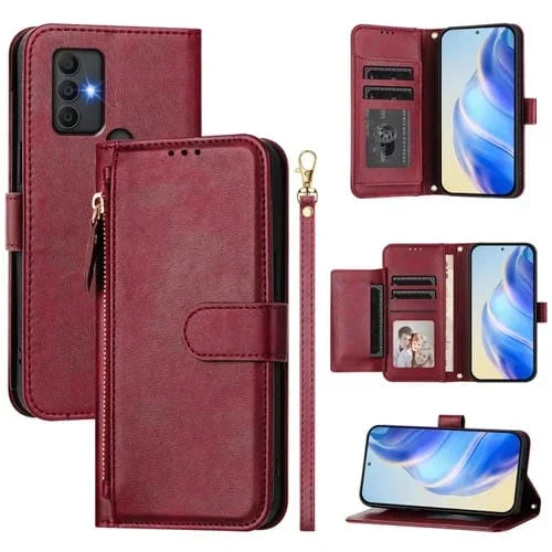 Funda de Cuero para TCL 305/306 con Cremallera y Ranuras para Tarjetas (Rojo Oscuro)