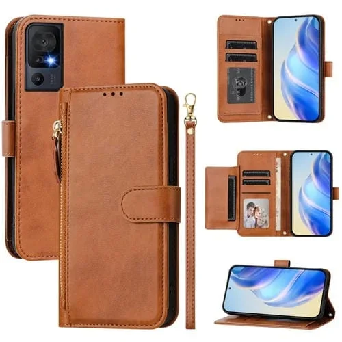 Funda de Cuero para TCL 40 Se con Cremallera y Ranuras para Tarjetas (Marrón)