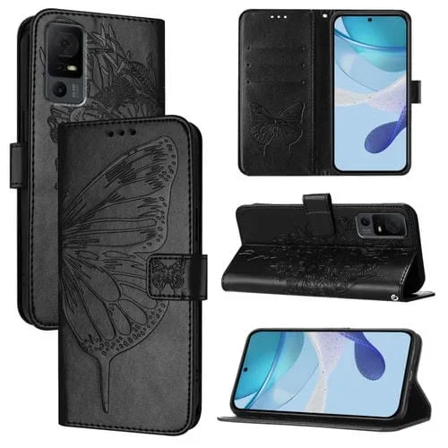 Funda de Cuero para TCL 40 XL 40 T T608DL con Diseño de Mariposa en Relieve (Negra)