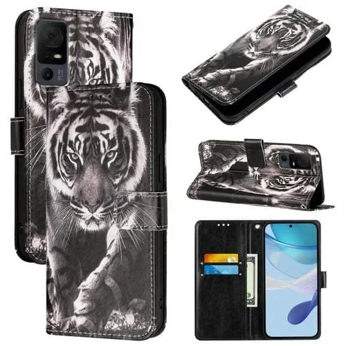 Funda de Cuero para TCL 40 XL/40T T608Dl con Diseño Tigre Blanco y Negro