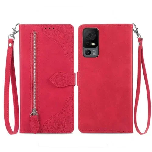 Funda de Cuero para TCL 40 XL con Cremallera y Flores en Relieve (Rojo)