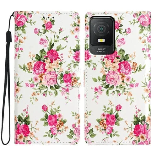 Funda de Cuero para TCL 403 con Dibujo Coloreado de Peonías