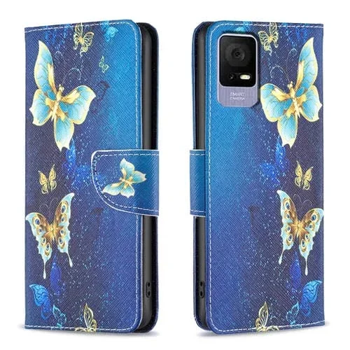 Funda de Cuero para TCL 405 con Patrón de Dibujo de Colores (Mariposa Dorada)