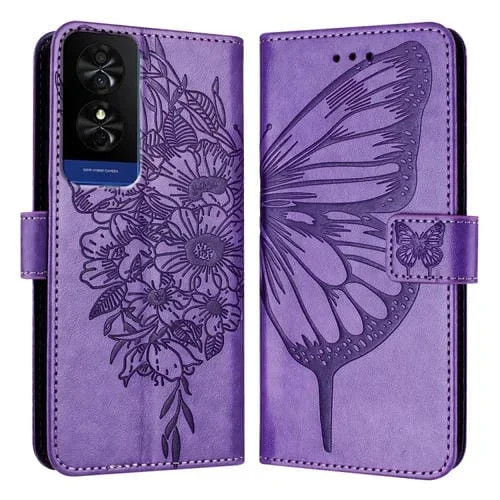 Funda de Cuero para TCL 50 5G con Mariposa en Relieve (Púrpura Claro)