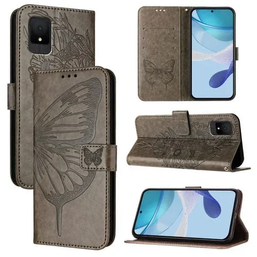 Funda de Cuero para TCL 502 con Mariposa en Relieve (Gris)