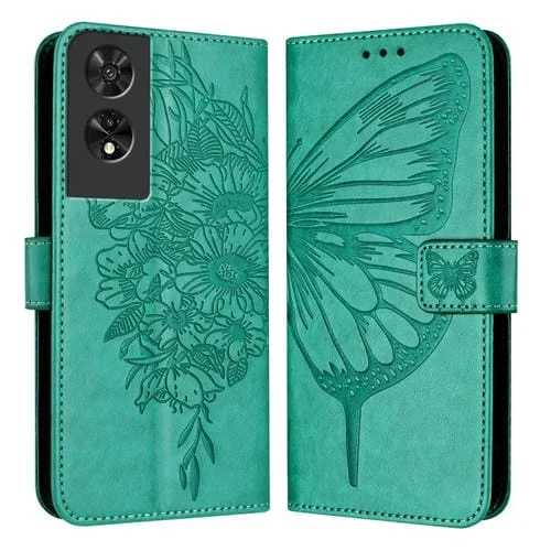 Funda de Cuero para TCL 505 con Mariposa en Relieve (Verde)