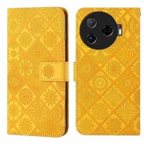 Funda de Cuero para Tecno Camon 30 Pro 5G con Patrón Étnico en Relieve (Amarillo)