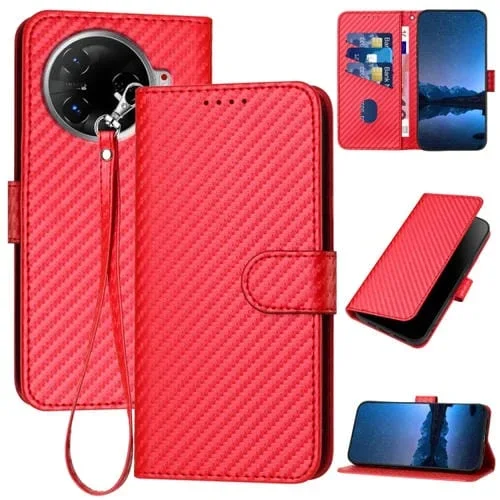 Funda de Cuero para Tecno Camon 30 Pro Yx0070 con Hebilla de Fibra de Carbono y Cordón (Rojo)