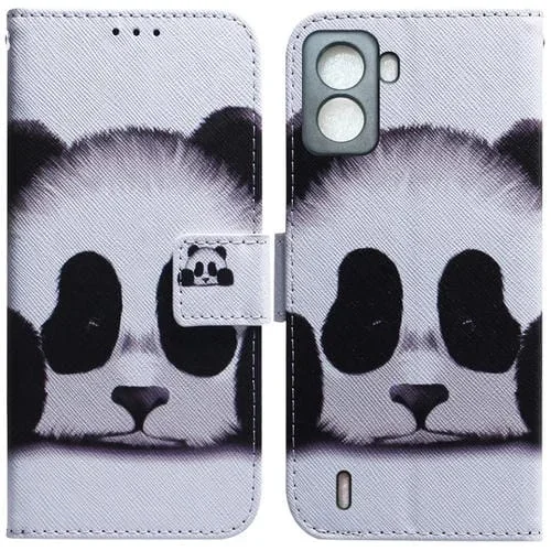 Funda de Cuero para Tecno Pop 6 con Dibujo Coloreado y Sin Huellas (Panda)