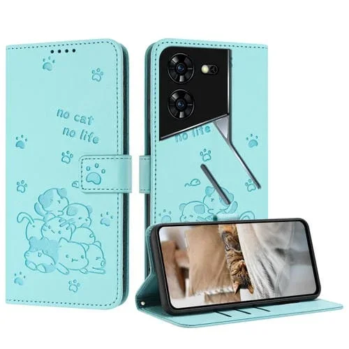 Funda de Cuero para Tecno Pova 5 Pro con Diseño de Gatito en Relieve y Cordón (Verde Menta)