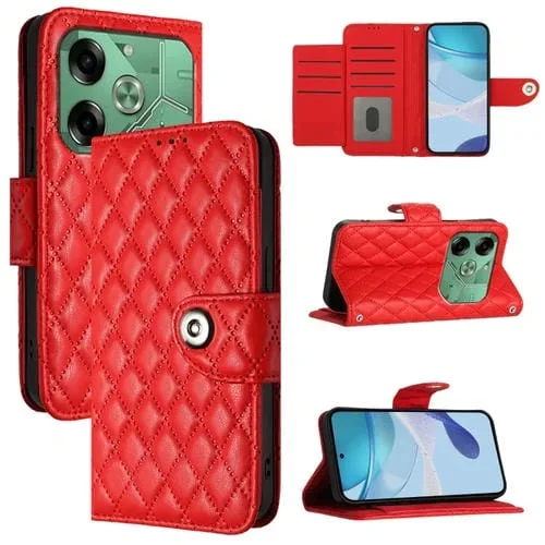 Funda de Cuero para Tecno Pova 6 4G con Tapa Textura Romboidal y Cordón (Rojo)