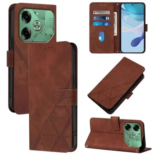 Funda de Cuero para Tecno Pova 6 4G Crossbody con Tapa En Relieve 3D (Marrón)