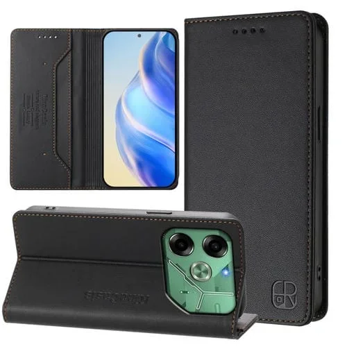 Funda de Cuero para Tecno Pova 6 4G Rc01 con Doble Pliegue y Succión Magnética Rfid (Negra)