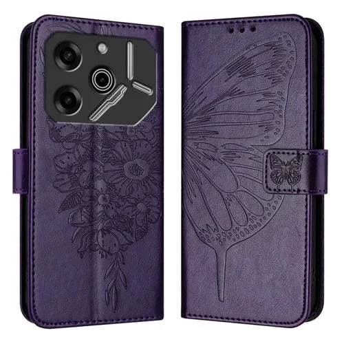 Funda de Cuero para Tecno Pova 6 5G con Mariposa en Relieve (Púrpura Oscuro)