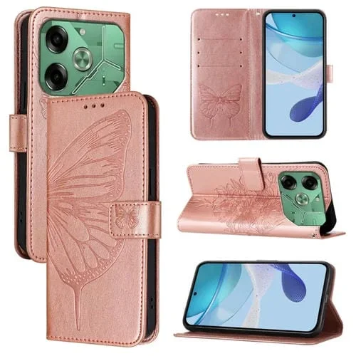 Funda de Cuero para Tecno Pova 6 con Mariposa en Relieve (Oro Rosa)