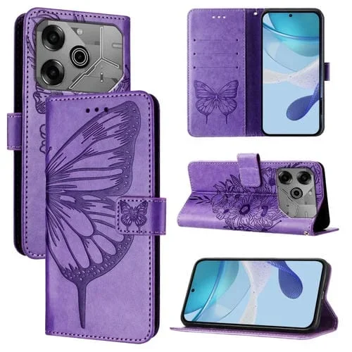 Funda de Cuero para Tecno Pova 6 Neo con Diseño de Mariposa En Relieve (Morado Claro)