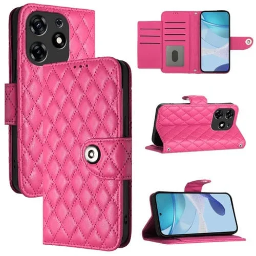 Funda de Cuero para Tecno Spark 10 Pro con Tapa Textura Rombal y Cordón (Rojo Rosa)