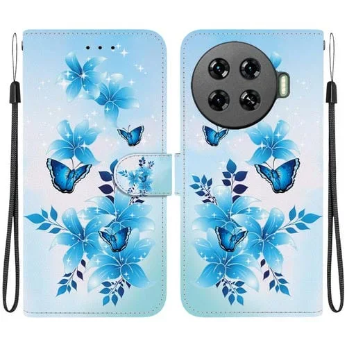 Funda de Cuero para Tecno Spark 20 Pro+ 4G con Dibujo de Colores y Textura de Cristal (Mariposas Azules)