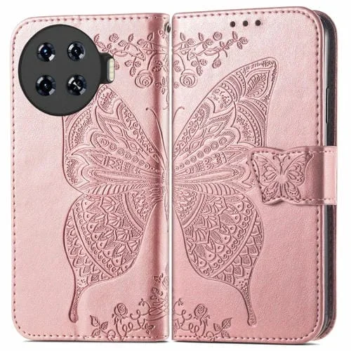 Funda de Cuero para Tecno Spark 20 Pro con Relieve de Flor y Mariposa (Oro Rosa)