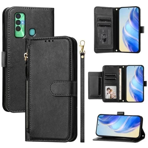 Funda de Cuero para Tecno Spark 7P con Cremallera y Ranuras para Tarjetas (Negro)