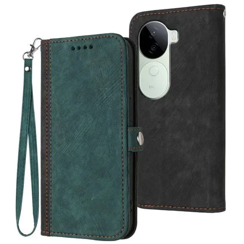 Funda de Cuero para Teléfono con Correa de Mano y Hebilla Lateral Doble Plegable para Vivo Iqoo Z9S/V40E (Verde Oscuro)