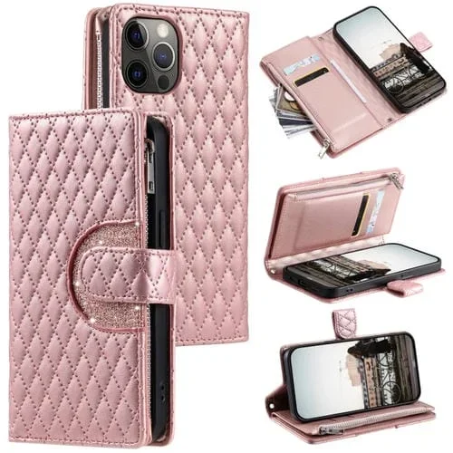 Funda de Cuero para Teléfono iPhone 11 Pro Glitter Lattice Zipper Wallet (Oro Rosa)